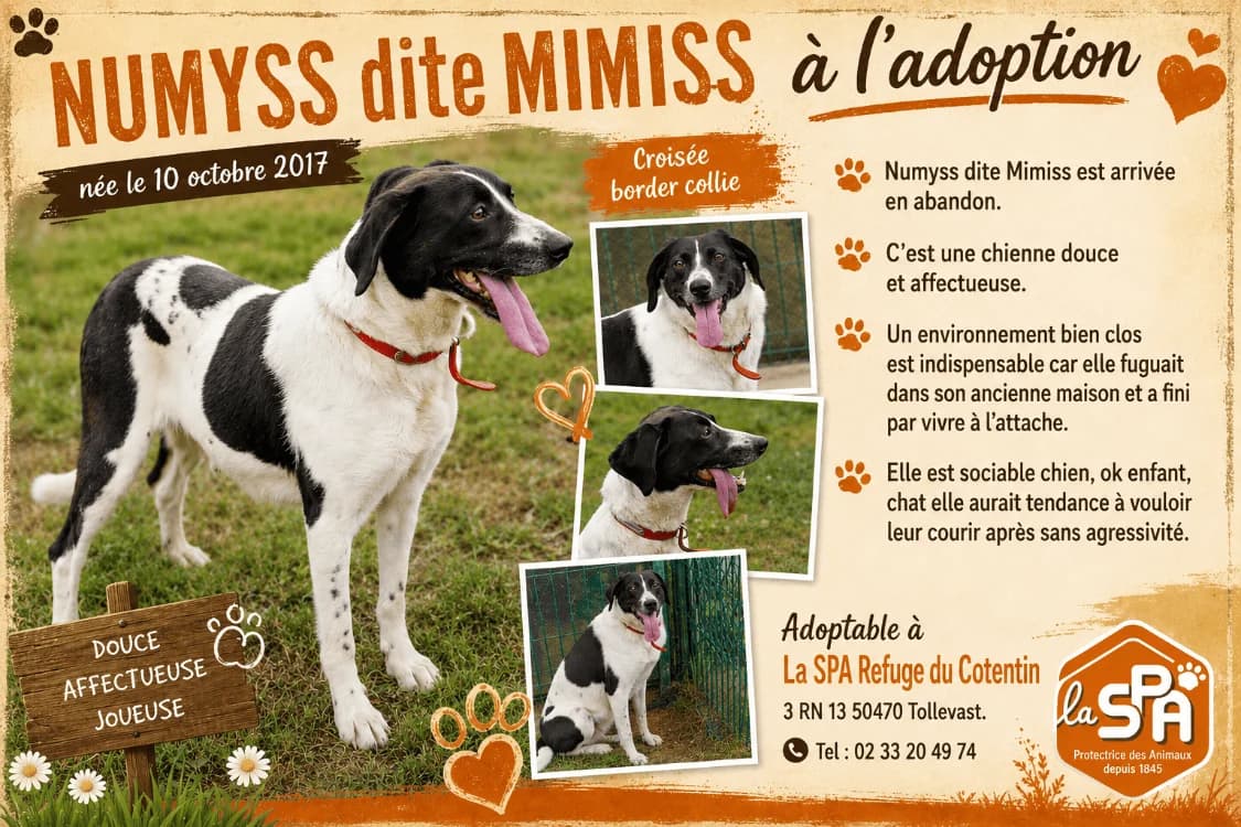 MIMISS, female senior Border Collie for adoption at SPA Cherbourg (Cotentin), Cherbourg