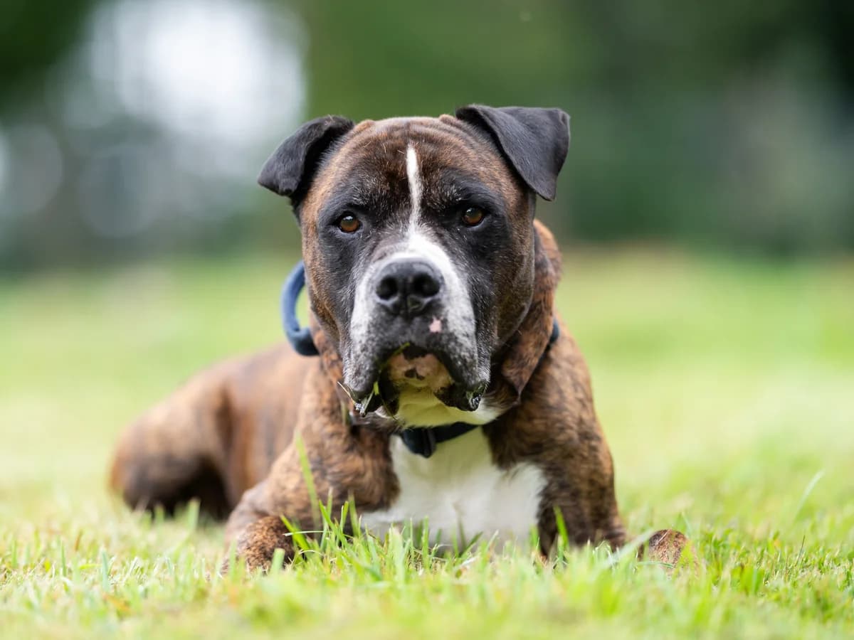Oskar, braun-schwarz-gestromt mit weißen Abzeichen male senior English Bulldog for adoption at Tierheim Hamburg, Hamburg