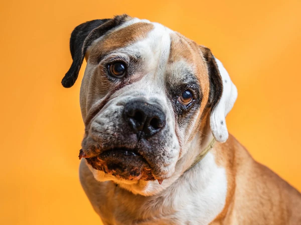 Bodo, hellbraun mit weißen Abzeichen male senior English Bulldog for adoption at Tierheim Hamburg, Hamburg